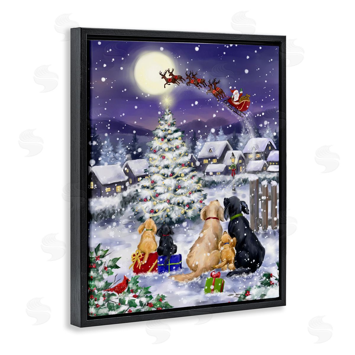 Dogs Watching Sleigh Black Floating Frame Canvas Wall Art, Home Decor by Jean Francois