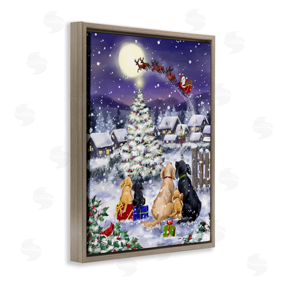 Dogs Watching Sleigh Brown Floating Frame Canvas Wall Art, Home Decor by Jean Francois