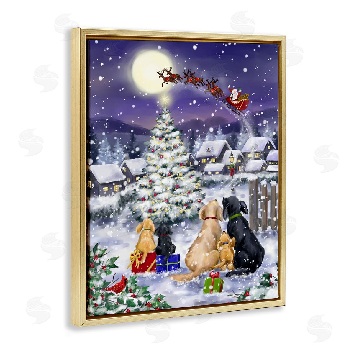 Dogs Watching Sleigh Gold Floating Frame Canvas Wall Art, Home Decor by Jean Francois