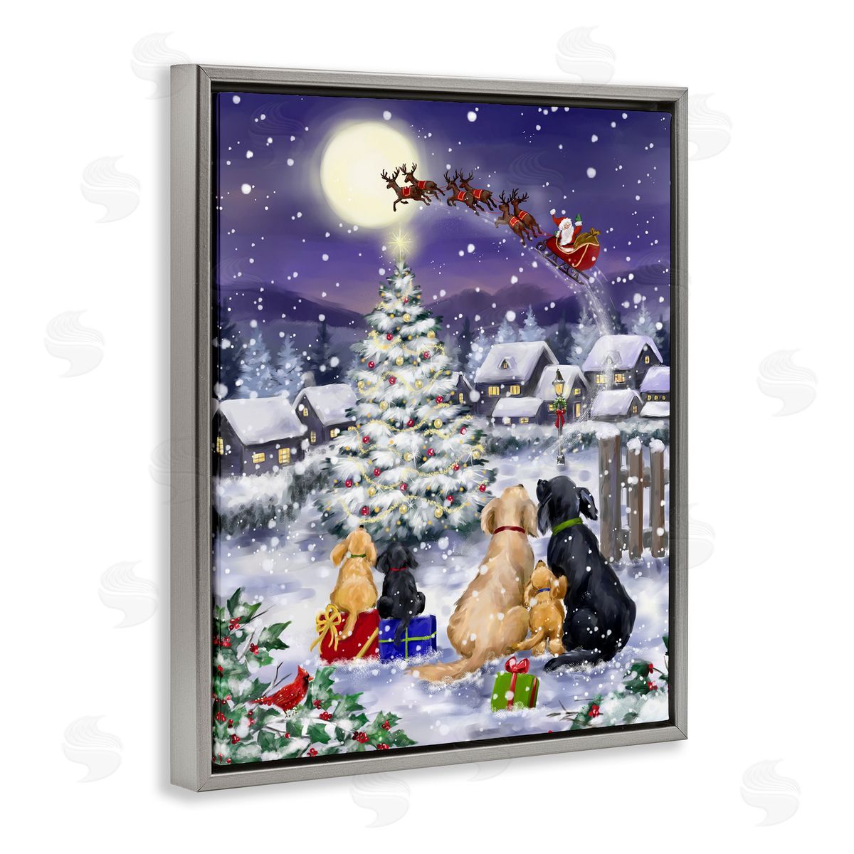 Dogs Watching Sleigh Grey Floating Frame Canvas Wall Art, Home Decor by Jean Francois