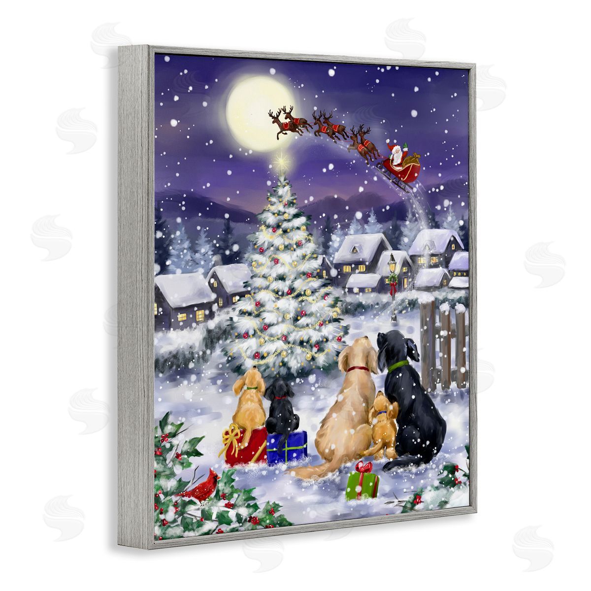 Dogs Watching Sleigh Grey Frame Print Wall Art, Home Decor by Jean Francois