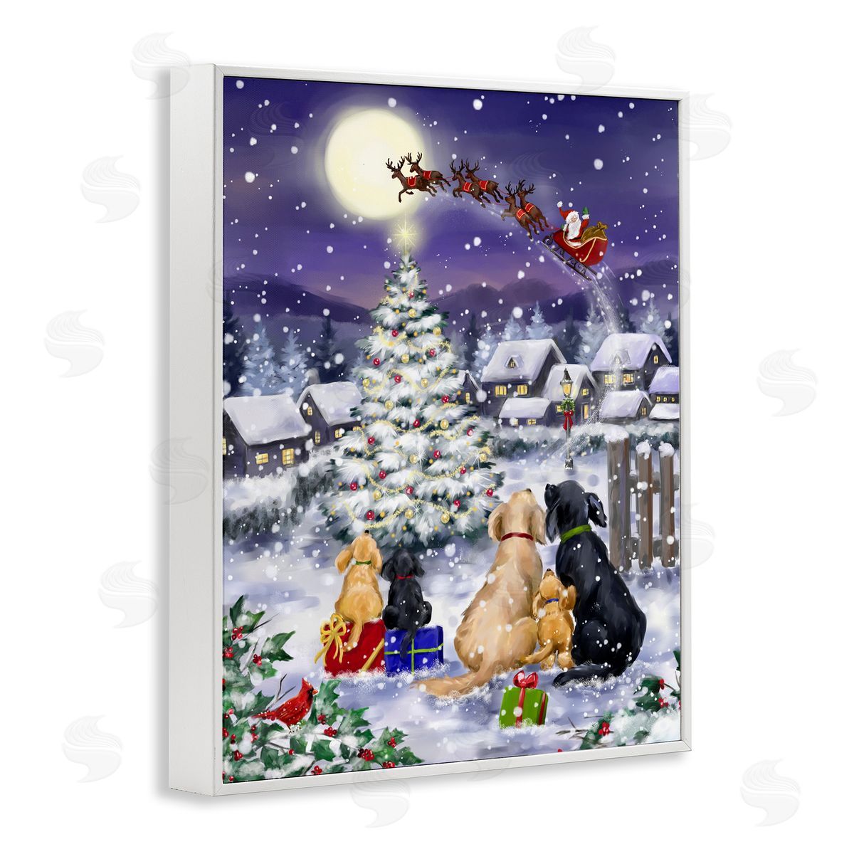 Dogs Watching Sleigh White Frame Print Wall Art, Home Decor by Jean Francois