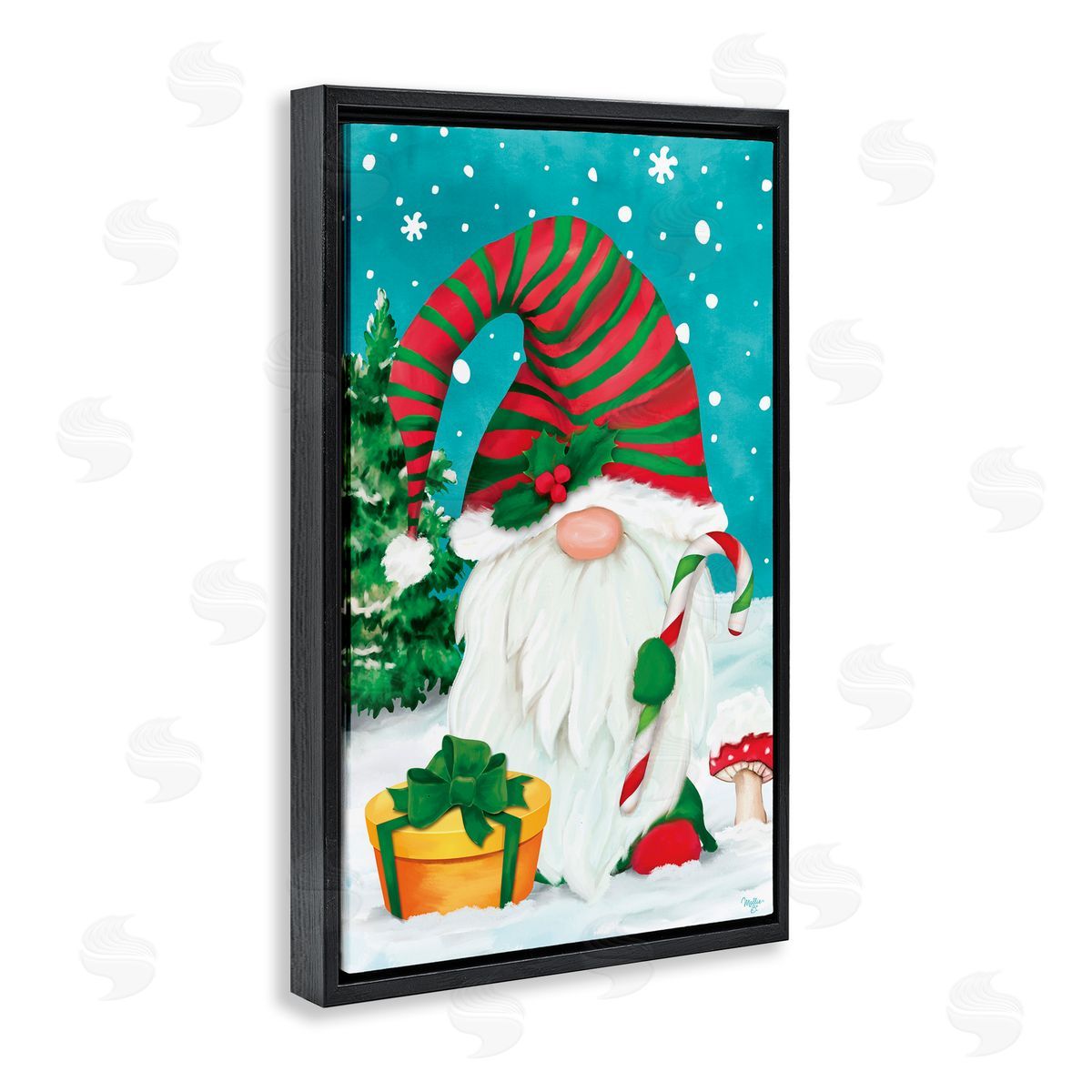 Holiday Elf and Gifts Black Floating Frame Canvas Wall Art, Home Decor by Mollie B.