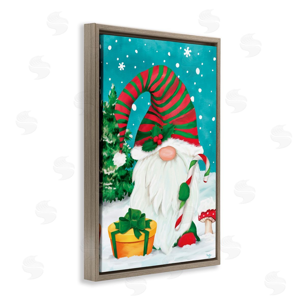 Holiday Elf and Gifts Brown Floating Frame Canvas Wall Art, Home Decor by Mollie B.
