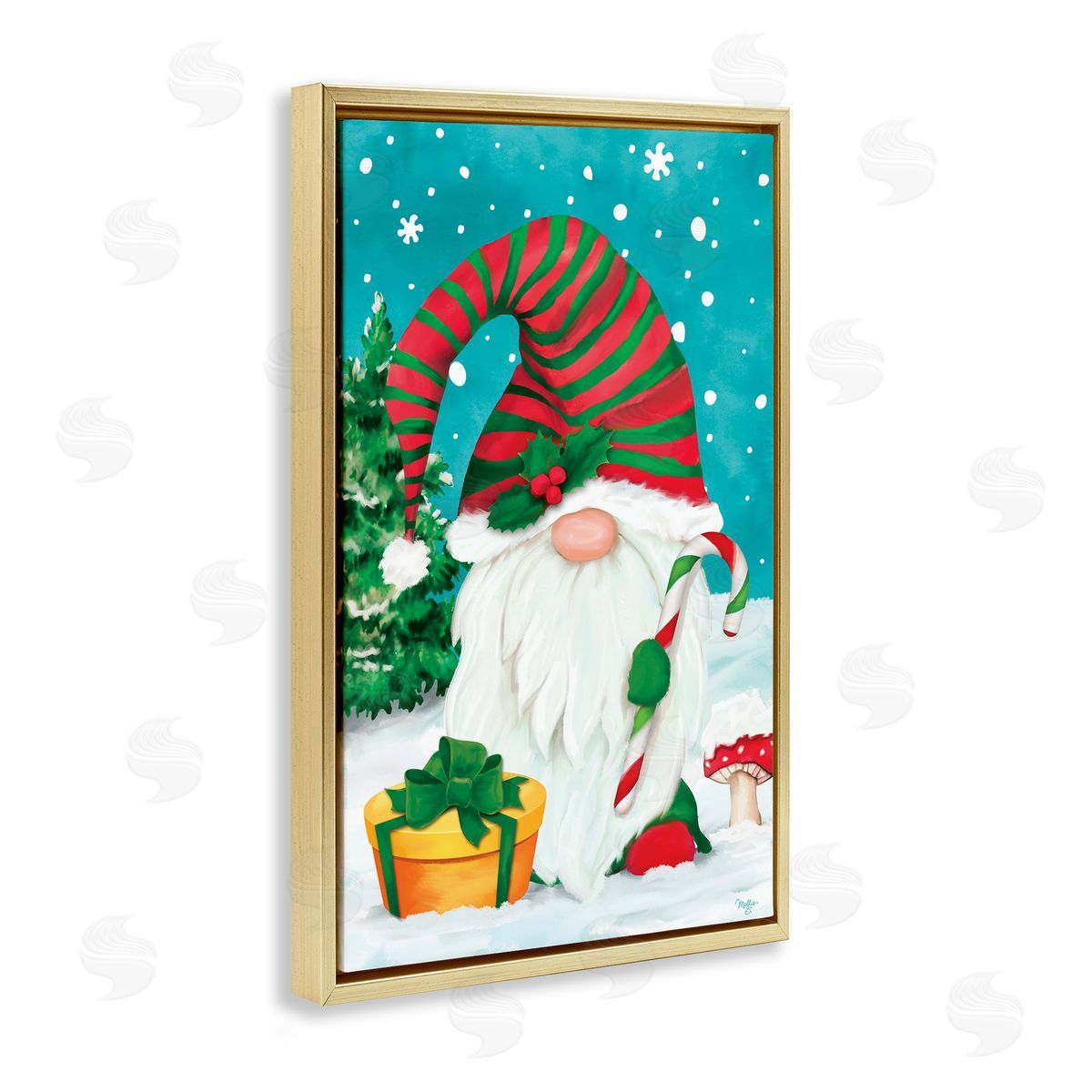 Holiday Elf and Gifts Gold Floating Frame Canvas Wall Art, Home Decor by Mollie B.
