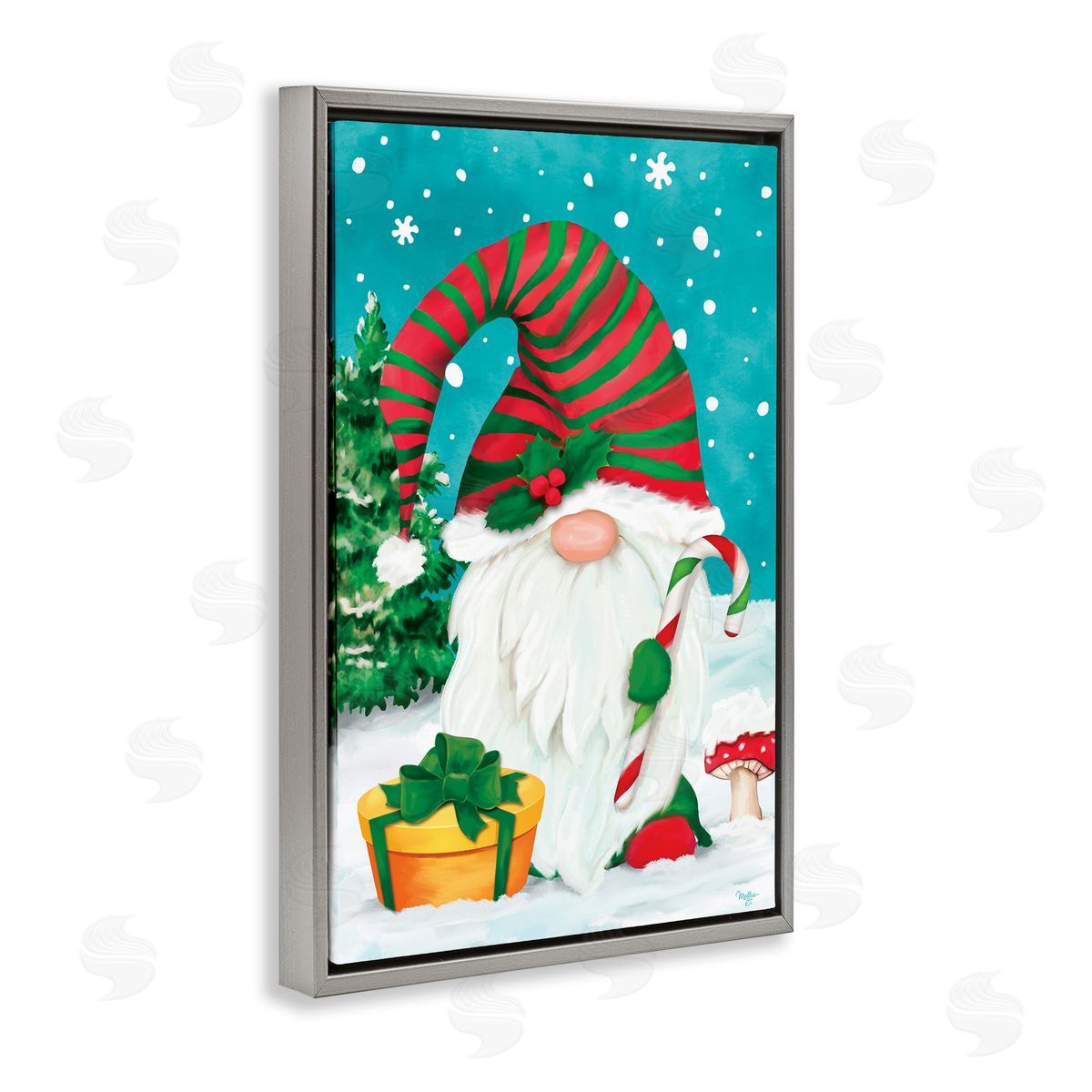 Holiday Elf and Gifts Grey Floating Frame Canvas Wall Art, Home Decor by Mollie B.