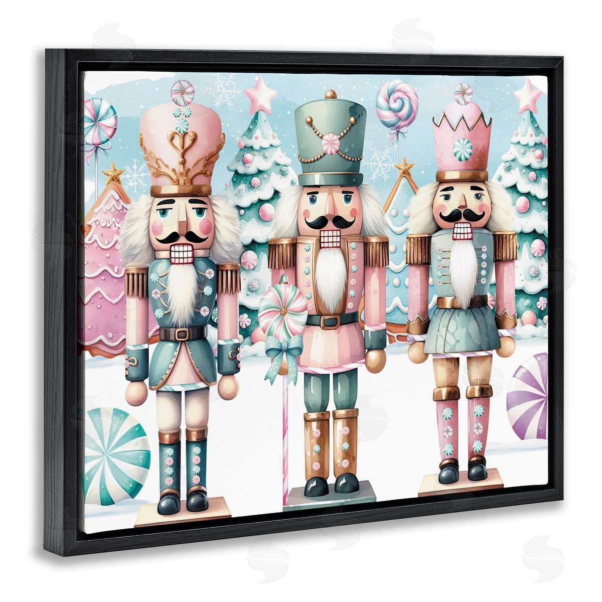 Pastel Nutcracker Trio Black Floating Frame Canvas Wall Art, Home Decor by Nicole DeCamp