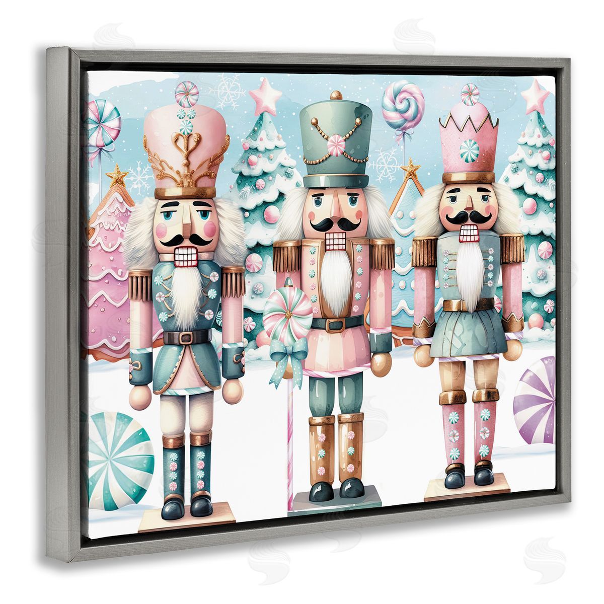 Pastel Nutcracker Trio Grey Floating Frame Canvas Wall Art, Home Decor by Nicole DeCamp
