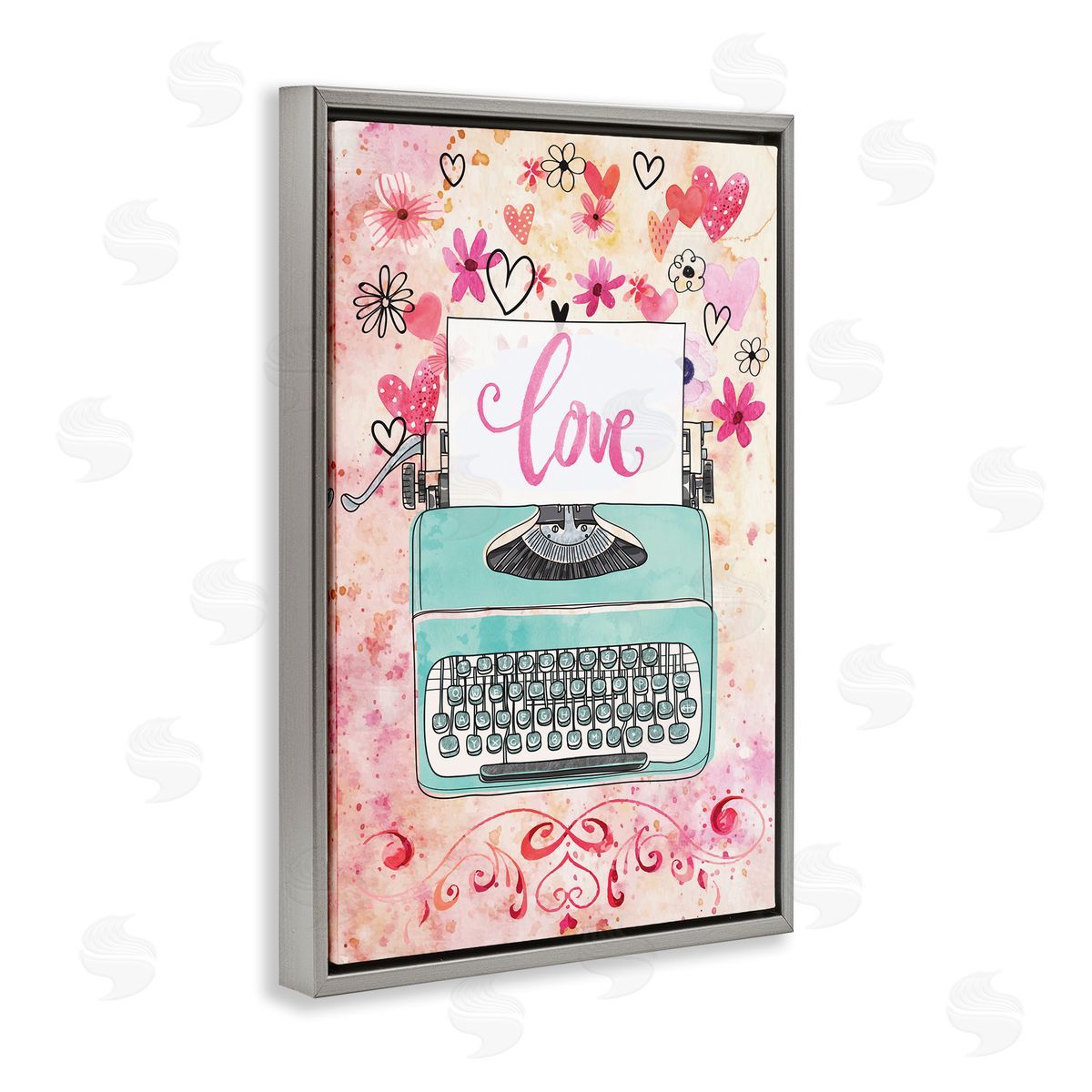 Romantic Love Typewriter Grey Floating Frame Canvas Wall Art, Home Decor by Nicole DeCamp