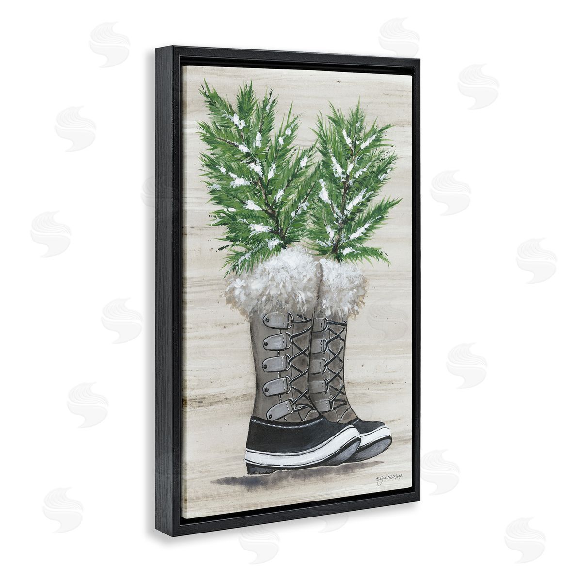 Winter Sprigs in Boots Black Floating Frame Canvas Wall Art, Home Decor by Julie Norkus