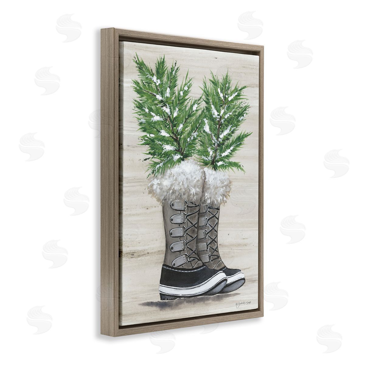 Winter Sprigs in Boots Brown Floating Frame Canvas Wall Art, Home Decor by Julie Norkus