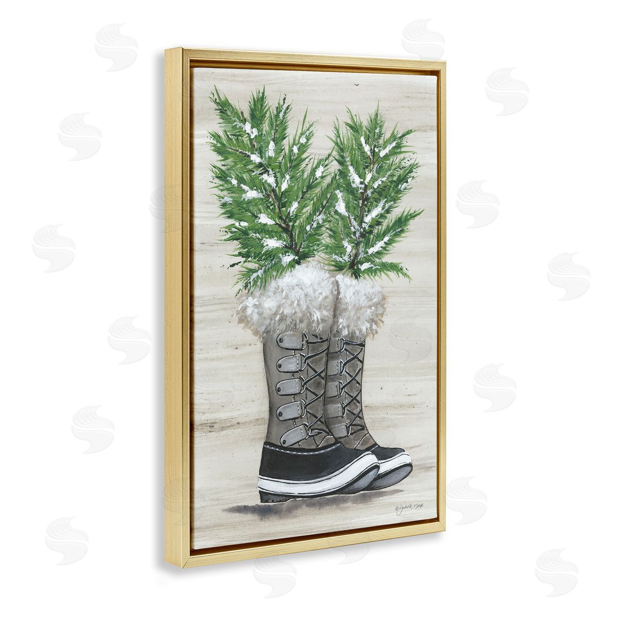 Winter Sprigs in Boots Gold Floating Frame Canvas Wall Art, Home Decor by Julie Norkus