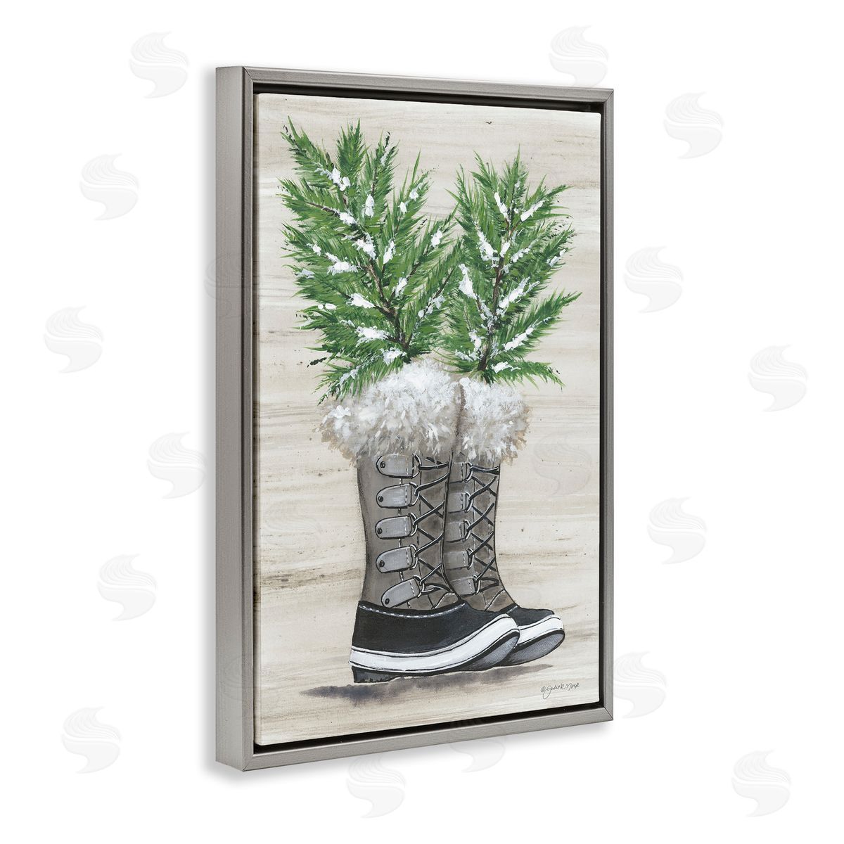 Winter Sprigs in Boots Grey Floating Frame Canvas Wall Art, Home Decor by Julie Norkus