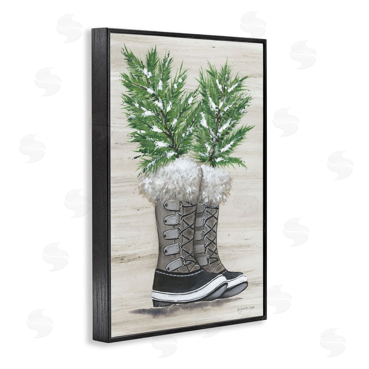 Winter Sprigs in Boots Black Frame Print Wall Art, Home Decor by Julie Norkus