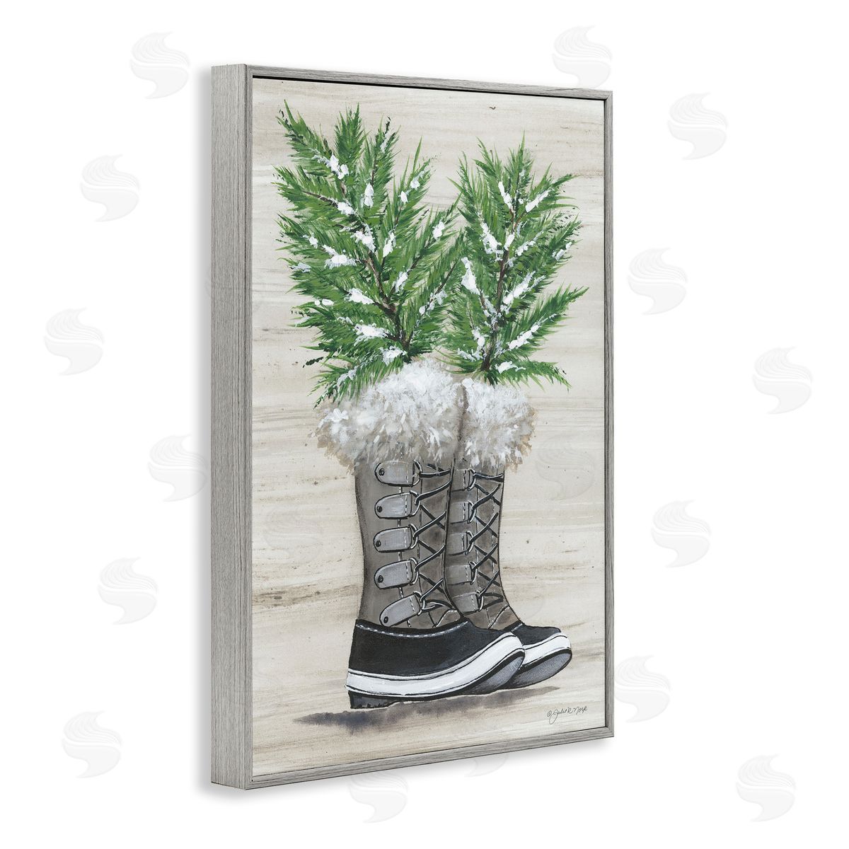 Winter Sprigs in Boots Grey Frame Print Wall Art, Home Decor by Julie Norkus
