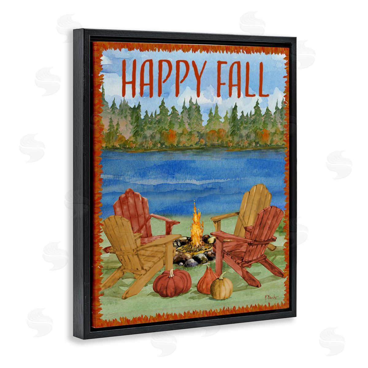 Happy Fall Bonfire Black Floating Frame Canvas Wall Art, Home Decor by Paul Brent