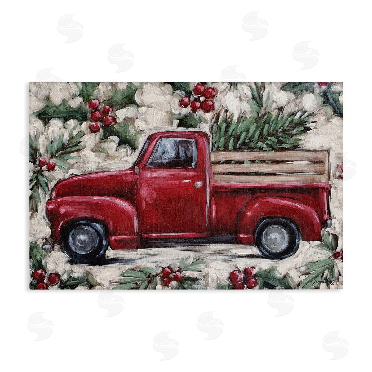 Pickup and Festive Holly Canvas Wall Art, Home Decor by Sara G. Designs
