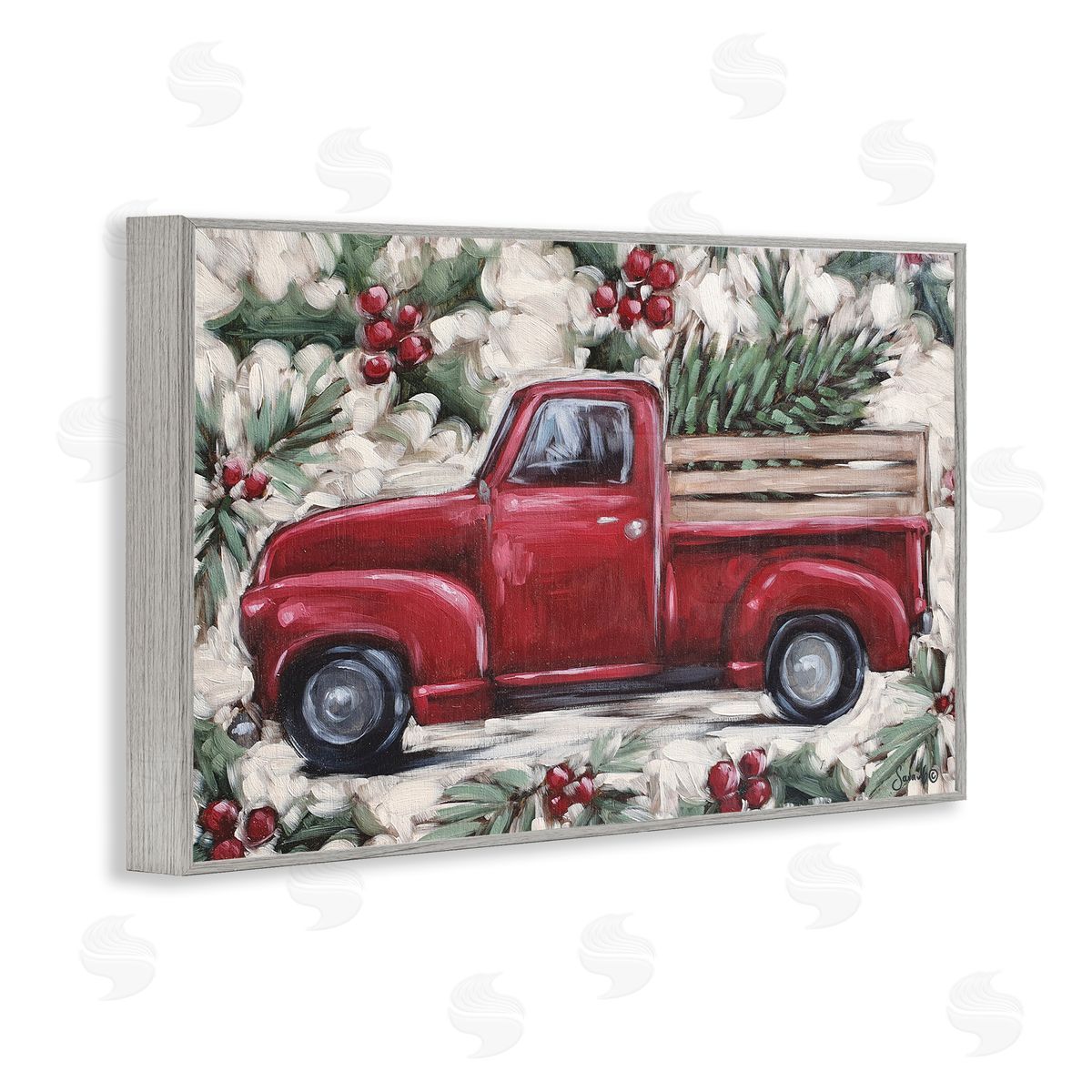 Pickup and Festive Holly Grey Frame Print Wall Art, Home Decor by Sara G. Designs