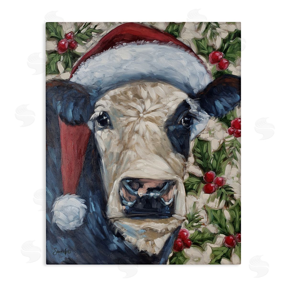 Cow with Festive Holly Canvas Wall Art, Home Decor by Sara G. Designs