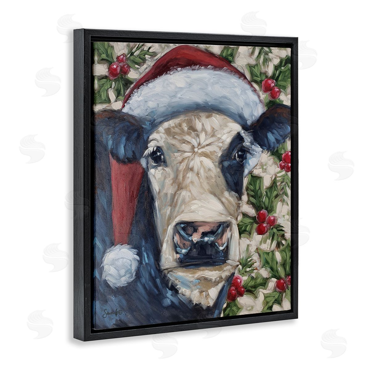 Cow with Festive Holly Black Floating Frame Canvas Wall Art, Home Decor by Sara G. Designs