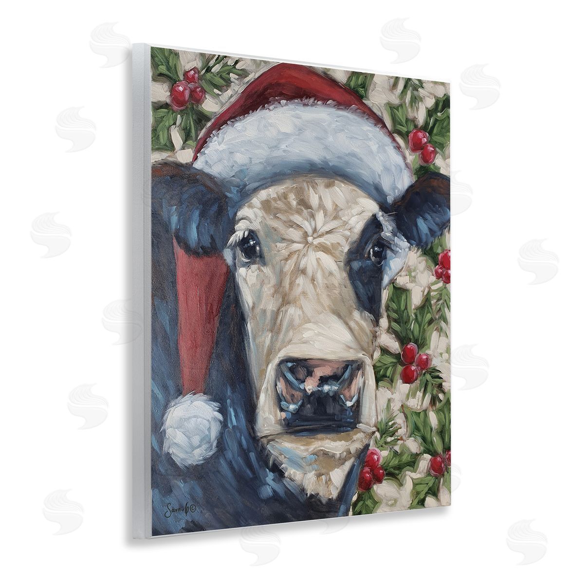 Cow with Festive Holly Wood Plaque Wall Art, Home Decor by Sara G. Designs