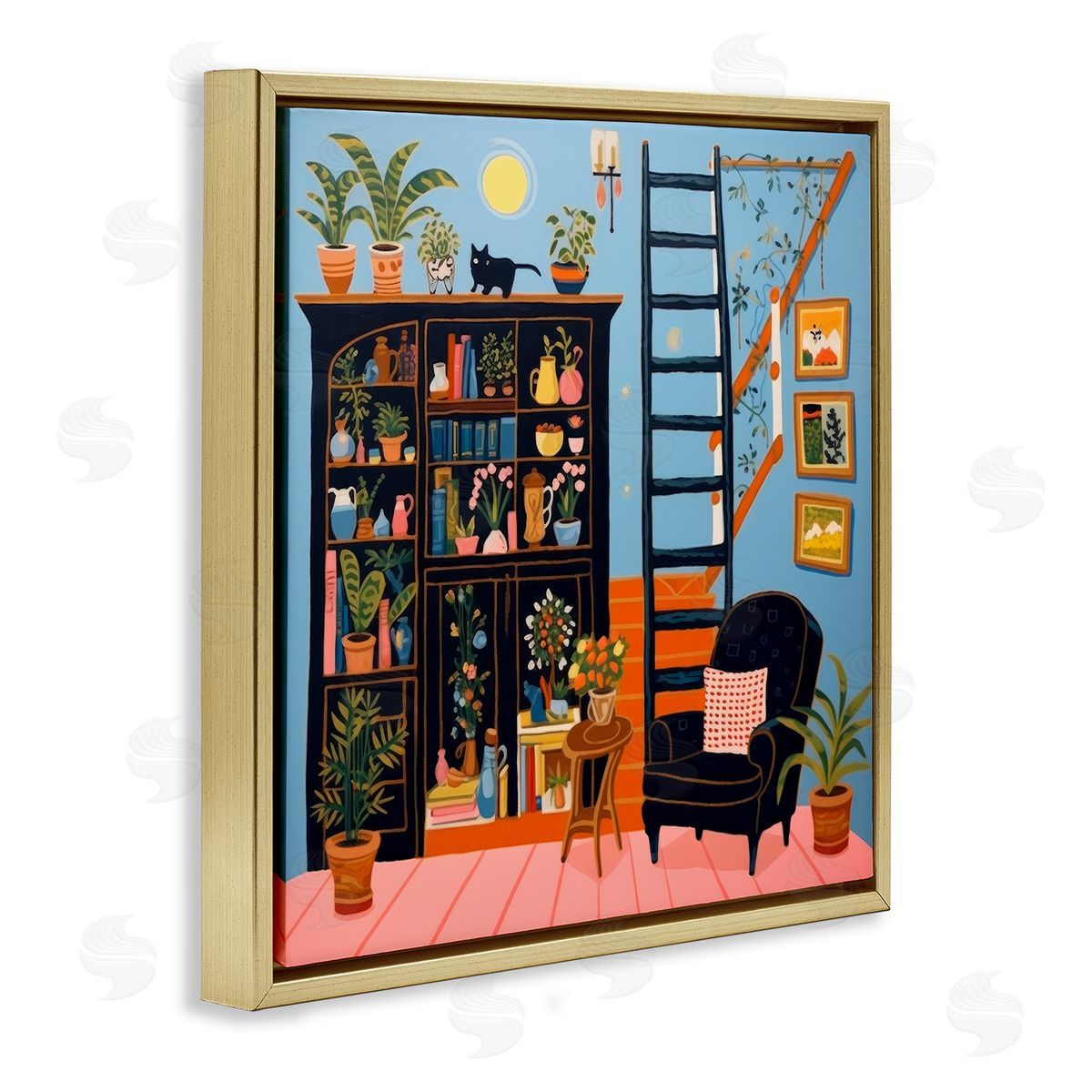 Lazar Studio Eclectic Fun Bookshelf Gold Floating Frame Canvas Wall Art Print