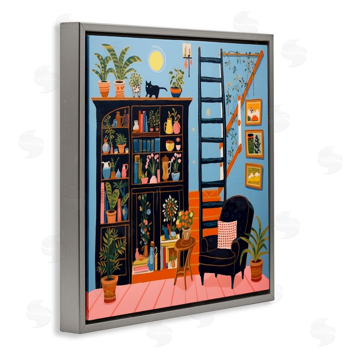 Lazar Studio Eclectic Fun Bookshelf Gray Floating Frame Canvas Wall Art Print