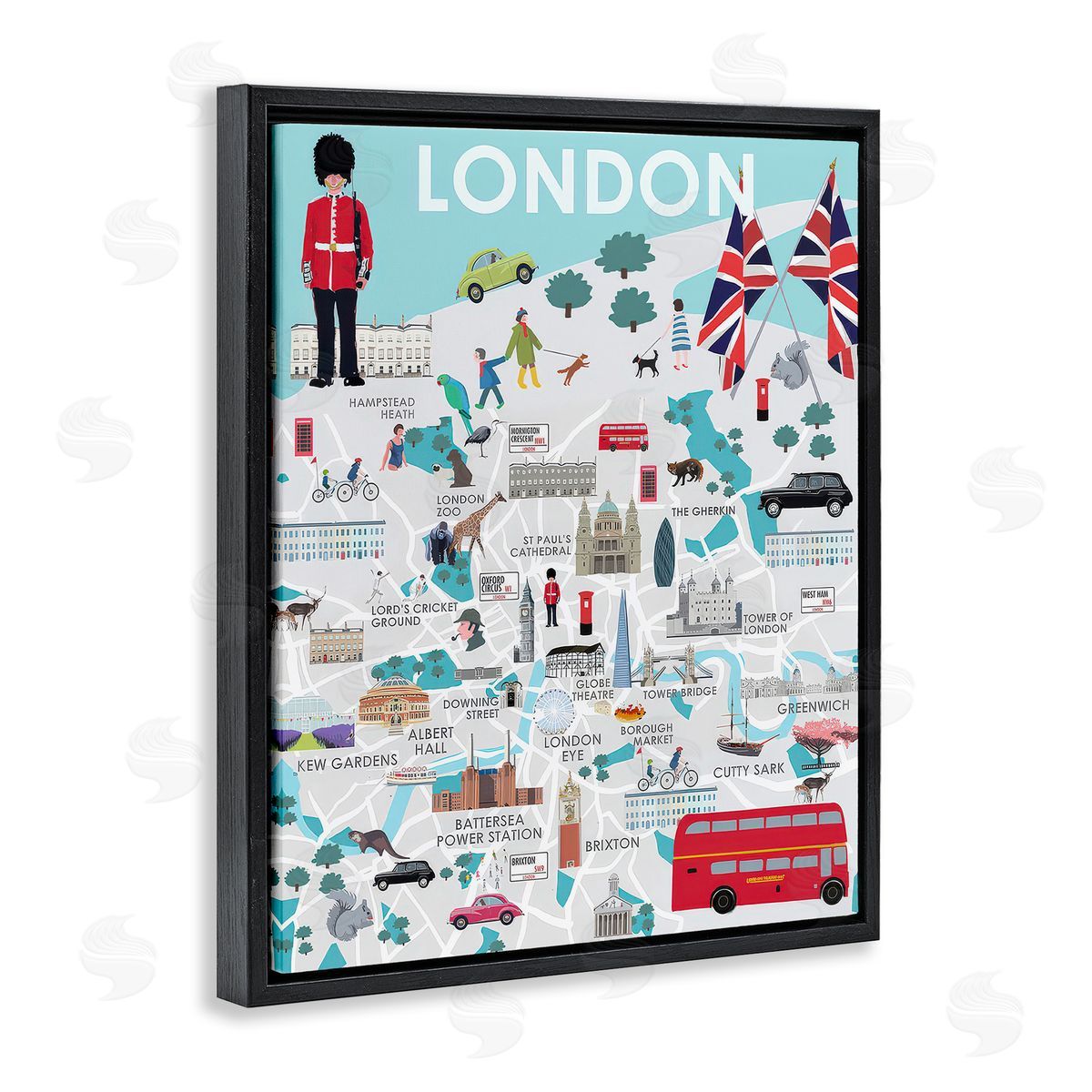 Betty Boynes London Landmark Map Black Floating Frame Canvas Wall Art Print