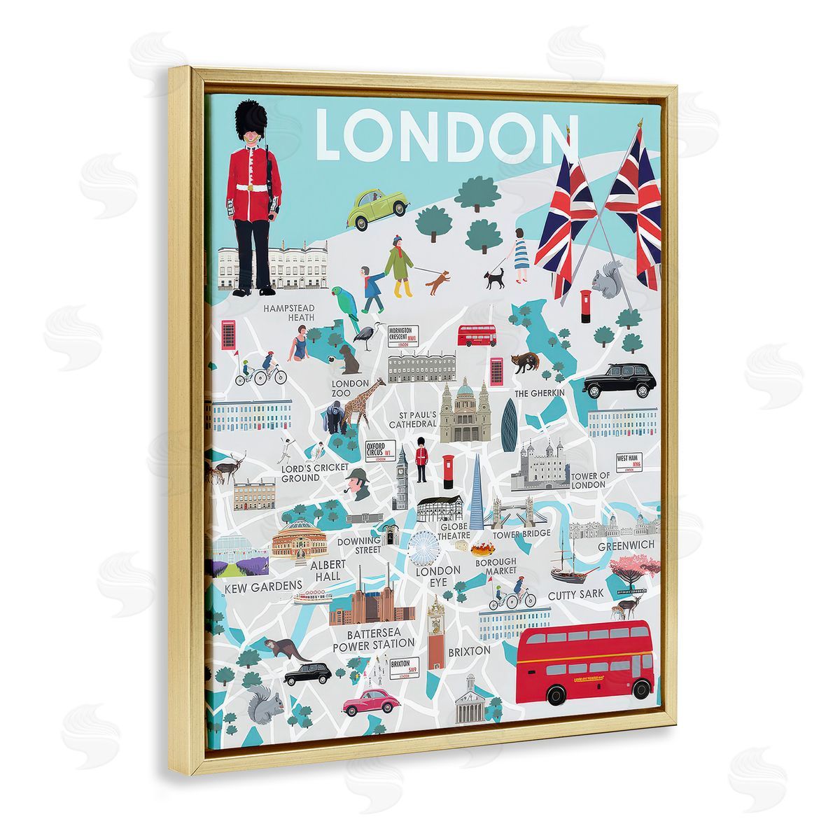 Betty Boynes London Landmark Map Gold Floating Frame Canvas Wall Art Print