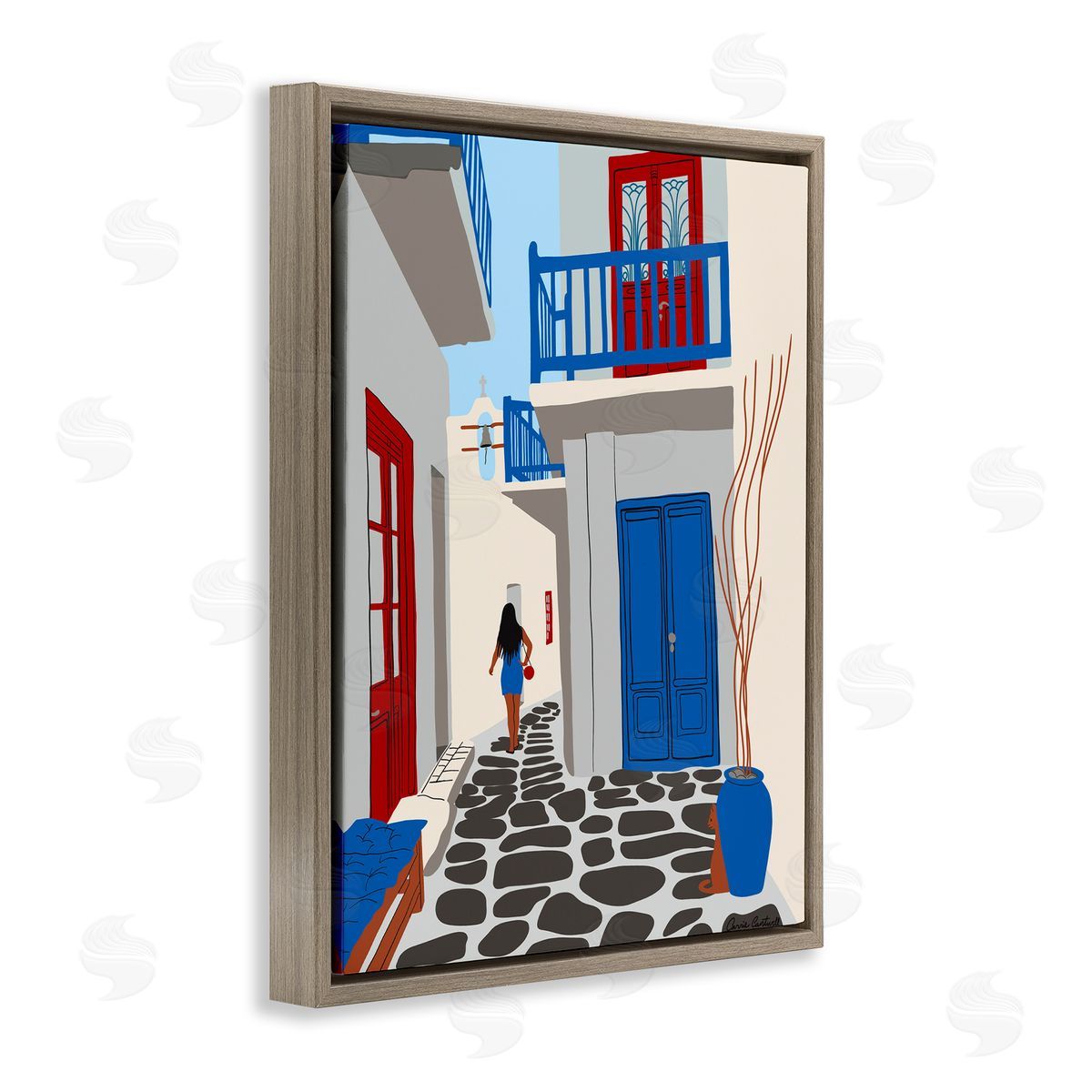 Carrie Cantwell Mykonos City Alley Brown Floating Frame Canvas Wall Art Print