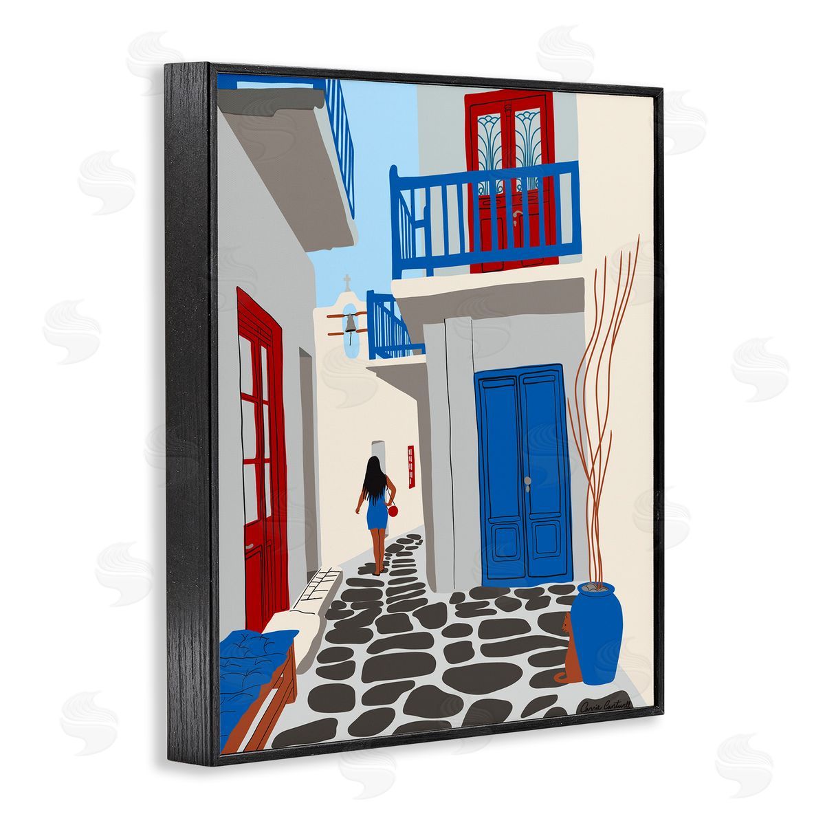 Carrie Cantwell Mykonos City Alley Black Framed Giclee Wall Art Print