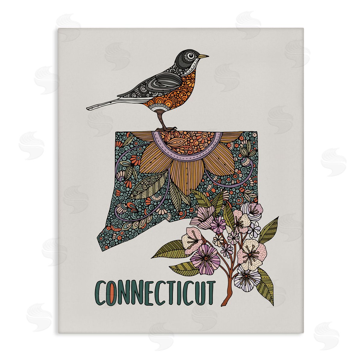 Floral Connecticut State Canvas Wall Art, Home Decor by Valentina Harper