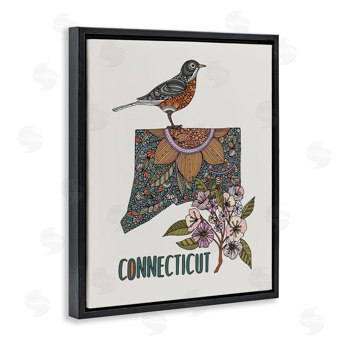 Floral Connecticut State Black Floating Frame Canvas Wall Art, Home Decor by Valentina Harper
