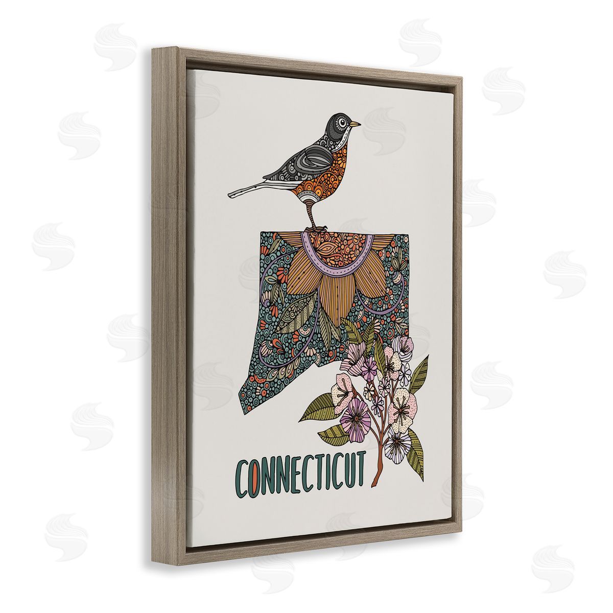 Floral Connecticut State Brown Floating Frame Canvas Wall Art, Home Decor by Valentina Harper