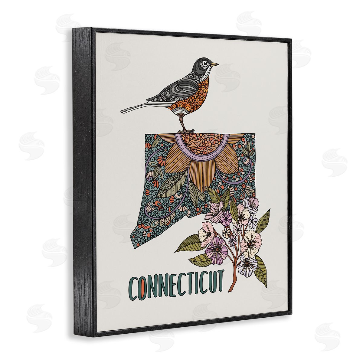 Floral Connecticut State Black Frame Print Wall Art, Home Decor by Valentina Harper
