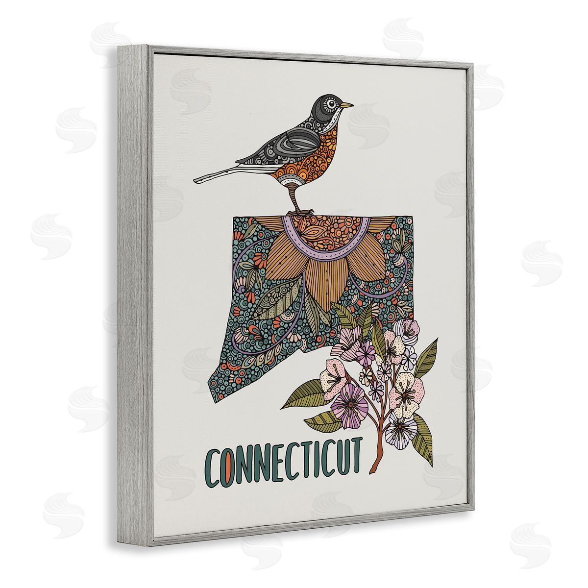 Floral Connecticut State Grey Frame Print Wall Art, Home Decor by Valentina Harper