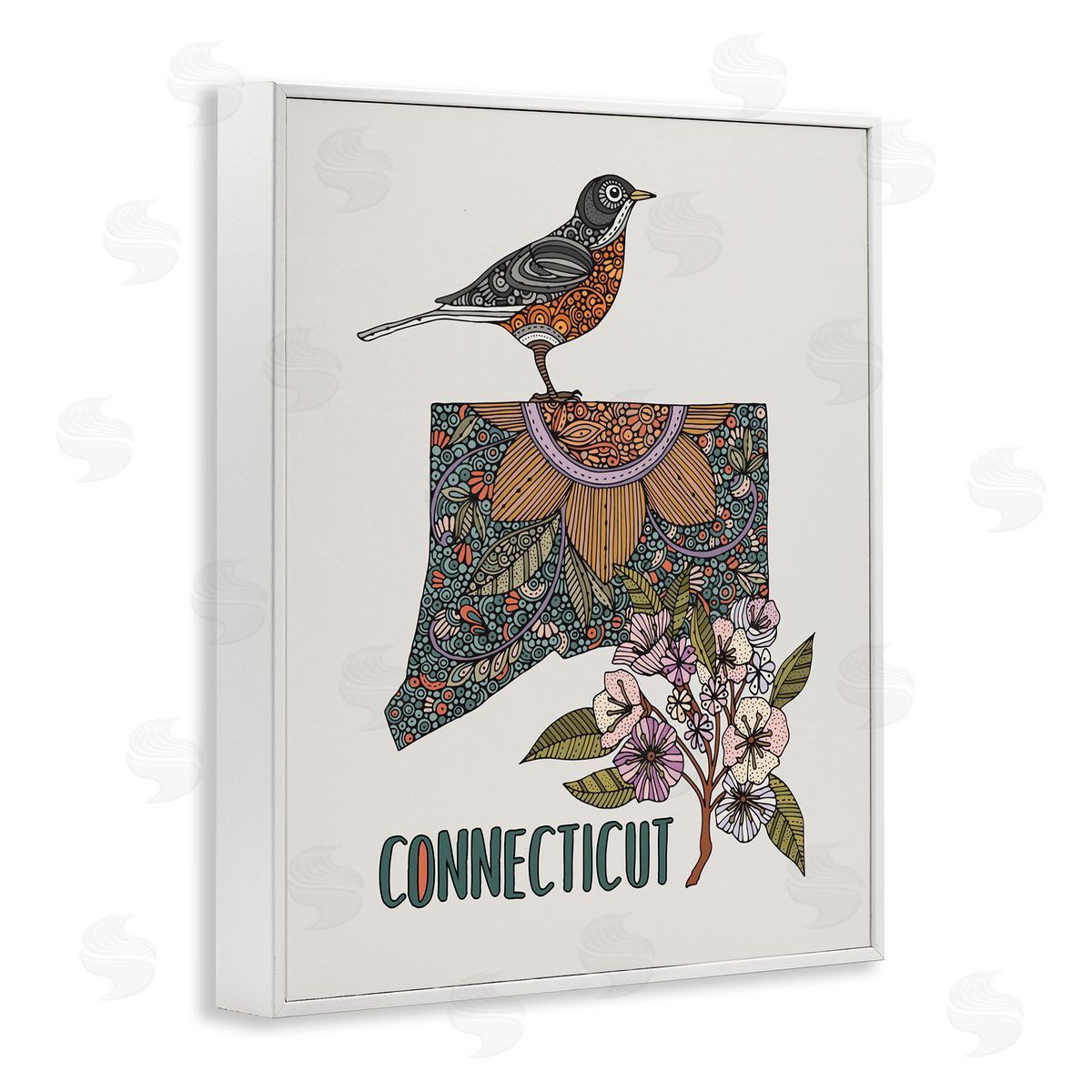Floral Connecticut State White Frame Print Wall Art, Home Decor by Valentina Harper