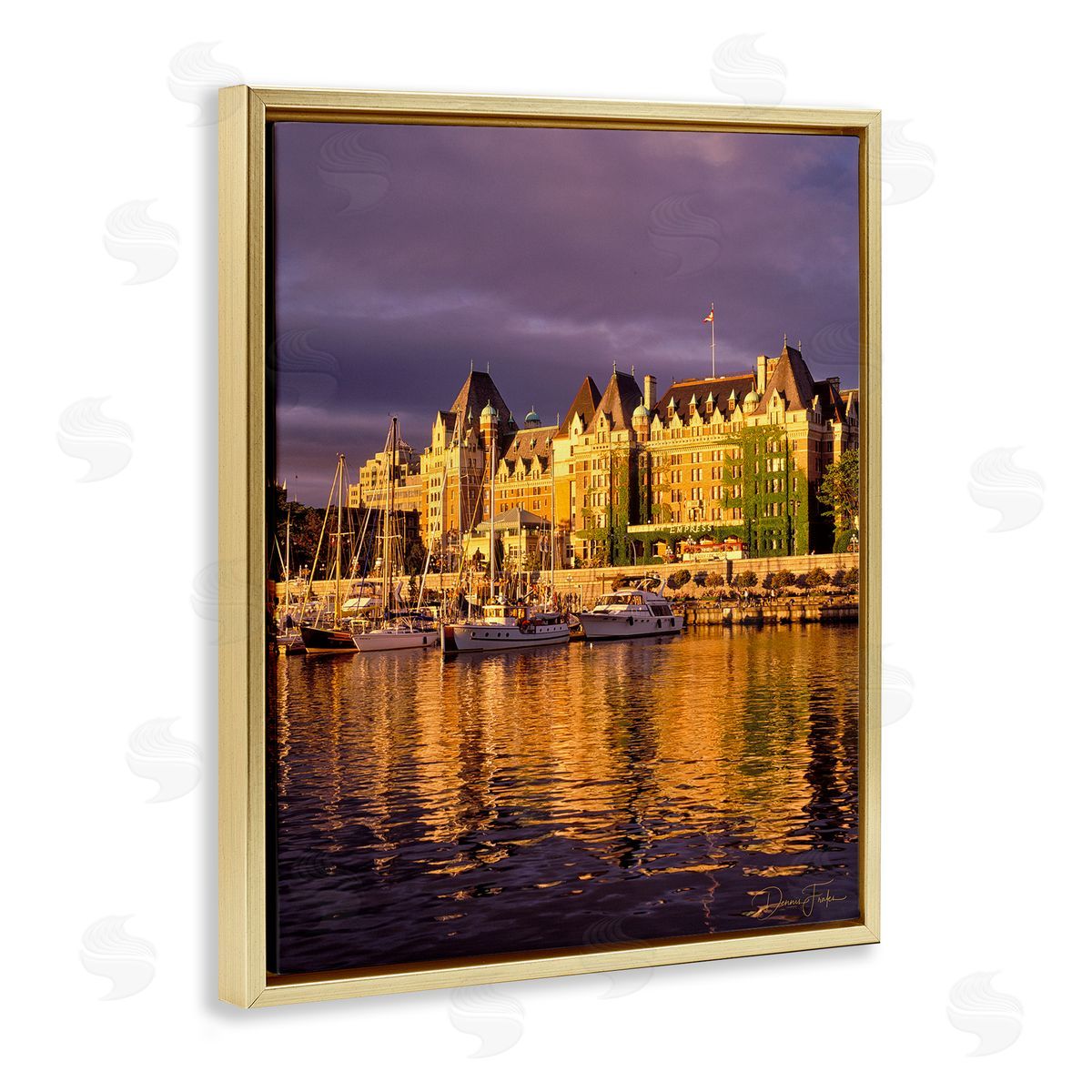 City Boat Harbor Gold Floating Frame Canvas Wall Art, Home Decor by Dennis Frates
