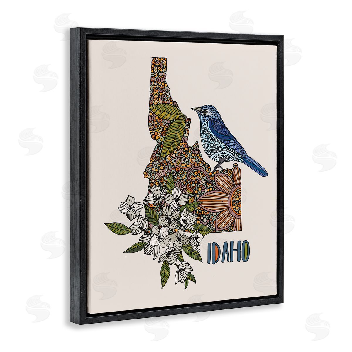 Floral Idaho State Black Floating Frame Canvas Wall Art, Home Decor by Valentina Harper