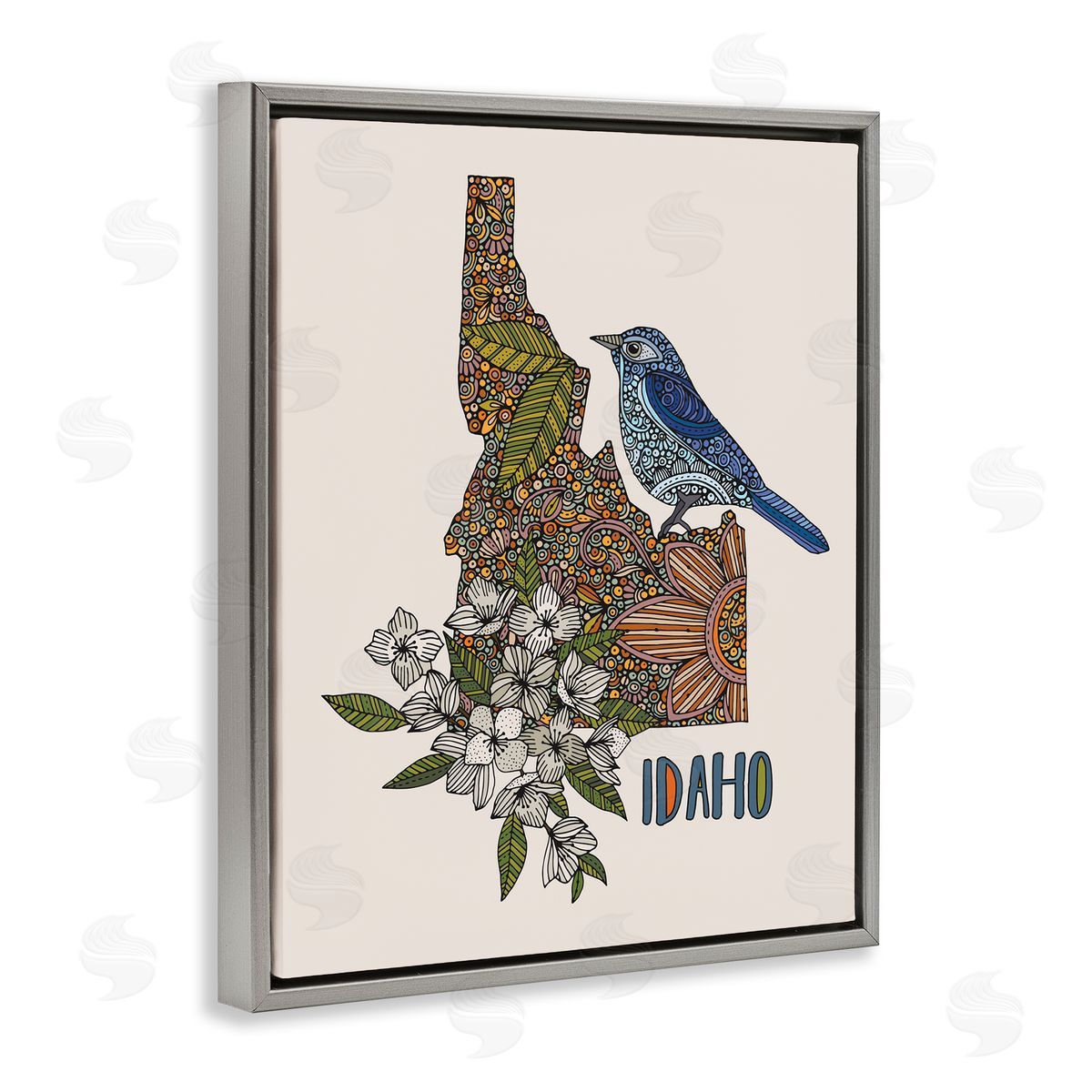 Floral Idaho State Grey Floating Frame Canvas Wall Art, Home Decor by Valentina Harper