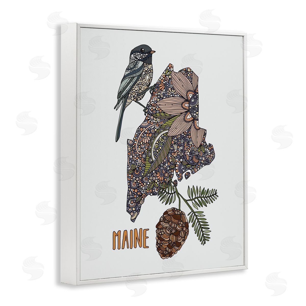 Floral Maine State White Frame Print Wall Art, Home Decor by Valentina Harper