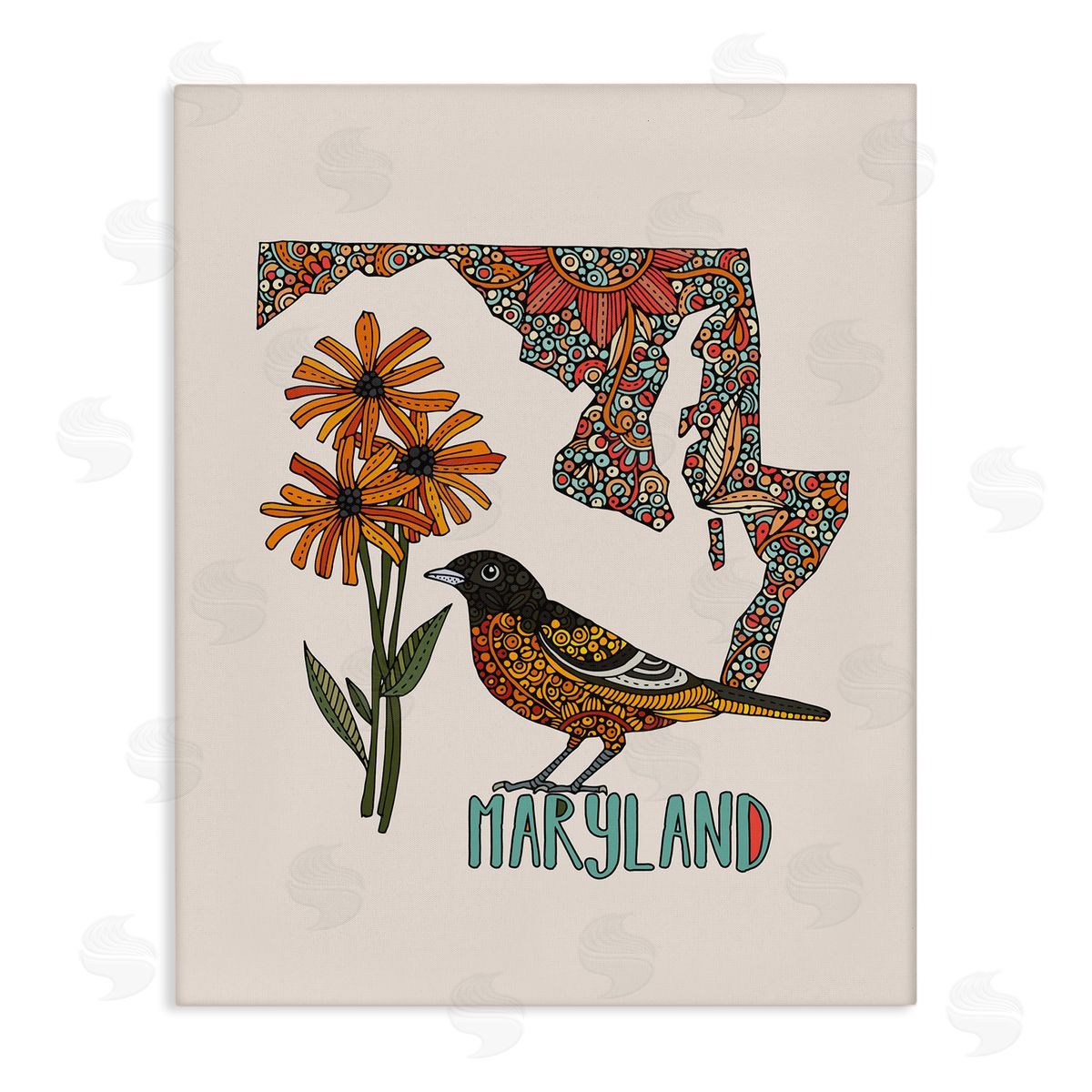 Floral Maryland State Canvas Wall Art, Home Decor by Valentina Harper