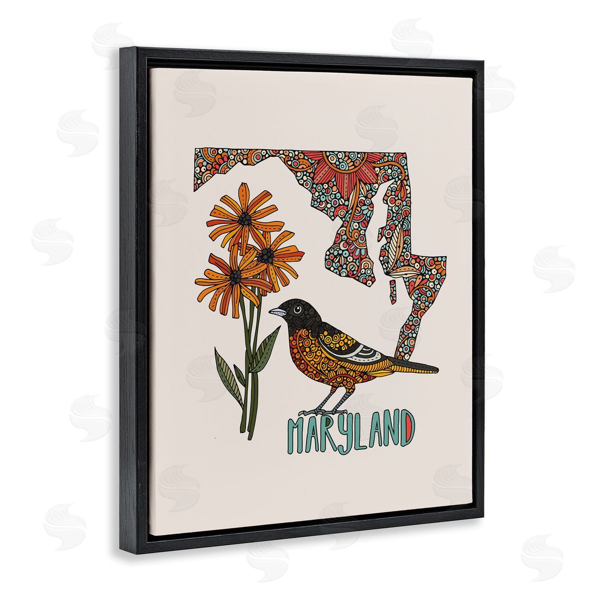 Floral Maryland State Black Floating Frame Canvas Wall Art, Home Decor by Valentina Harper