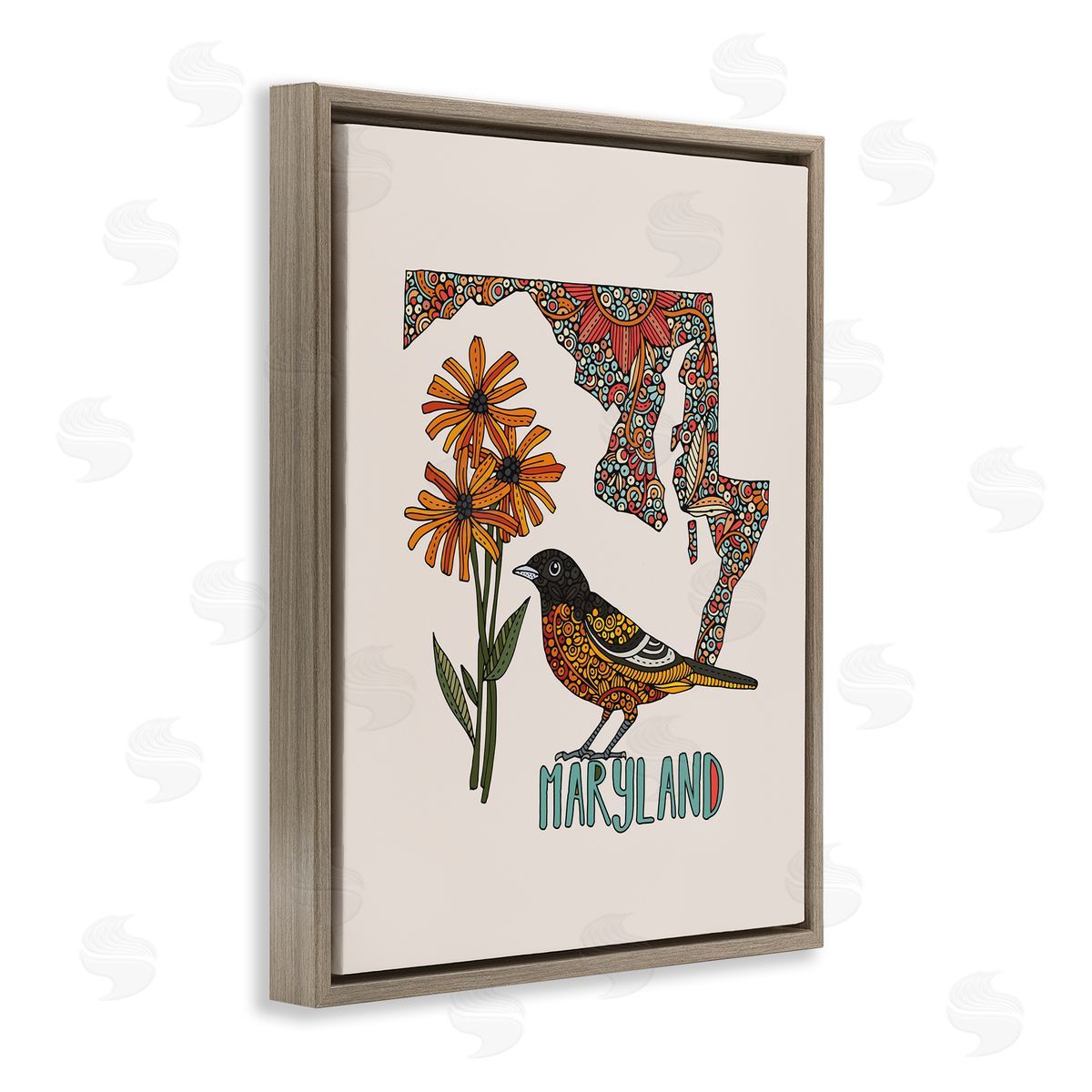 Floral Maryland State Brown Floating Frame Canvas Wall Art, Home Decor by Valentina Harper