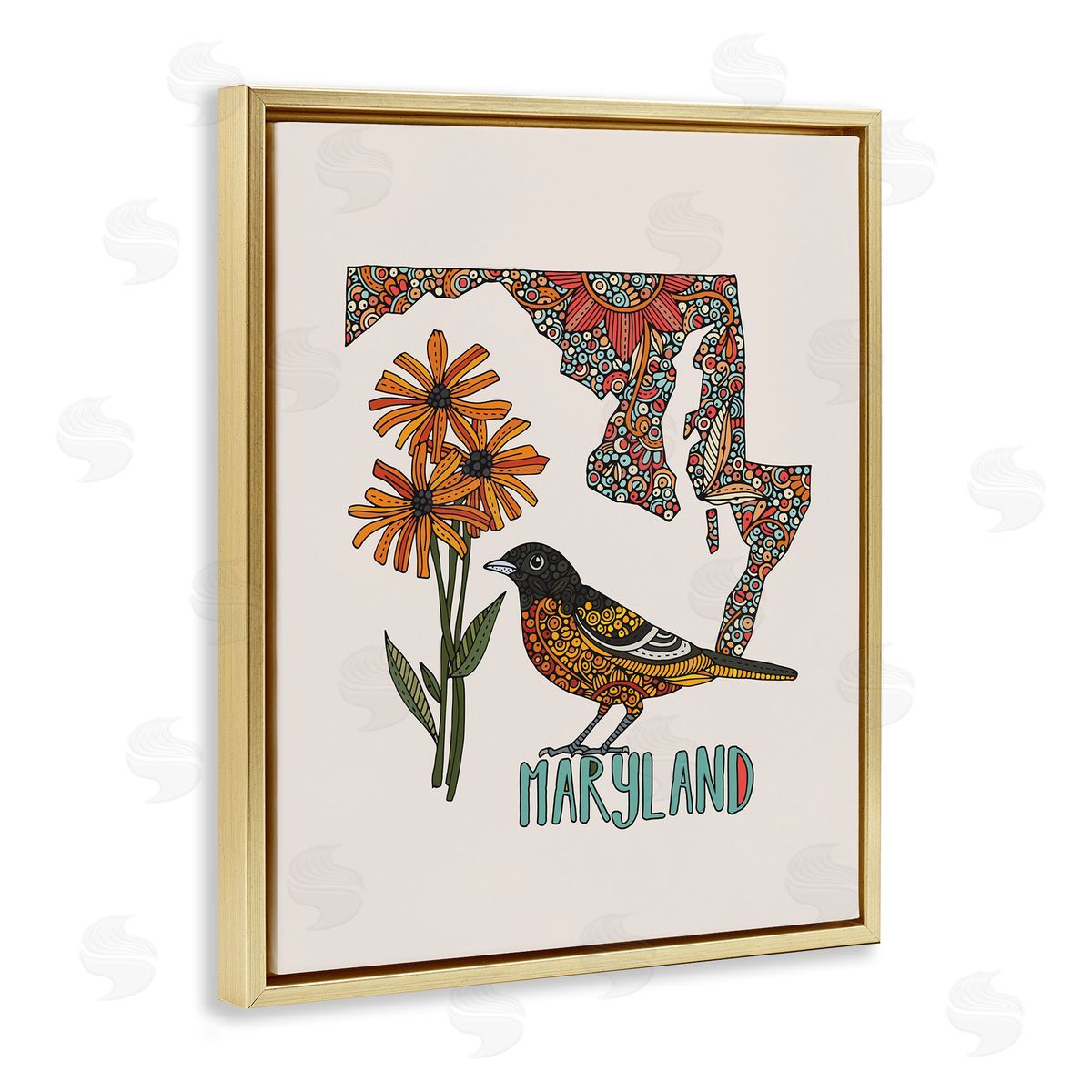 Floral Maryland State Gold Floating Frame Canvas Wall Art, Home Decor by Valentina Harper
