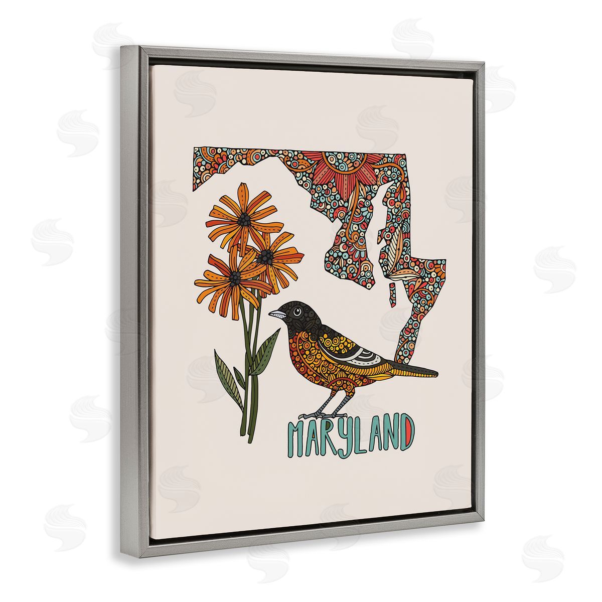 Floral Maryland State Grey Floating Frame Canvas Wall Art, Home Decor by Valentina Harper