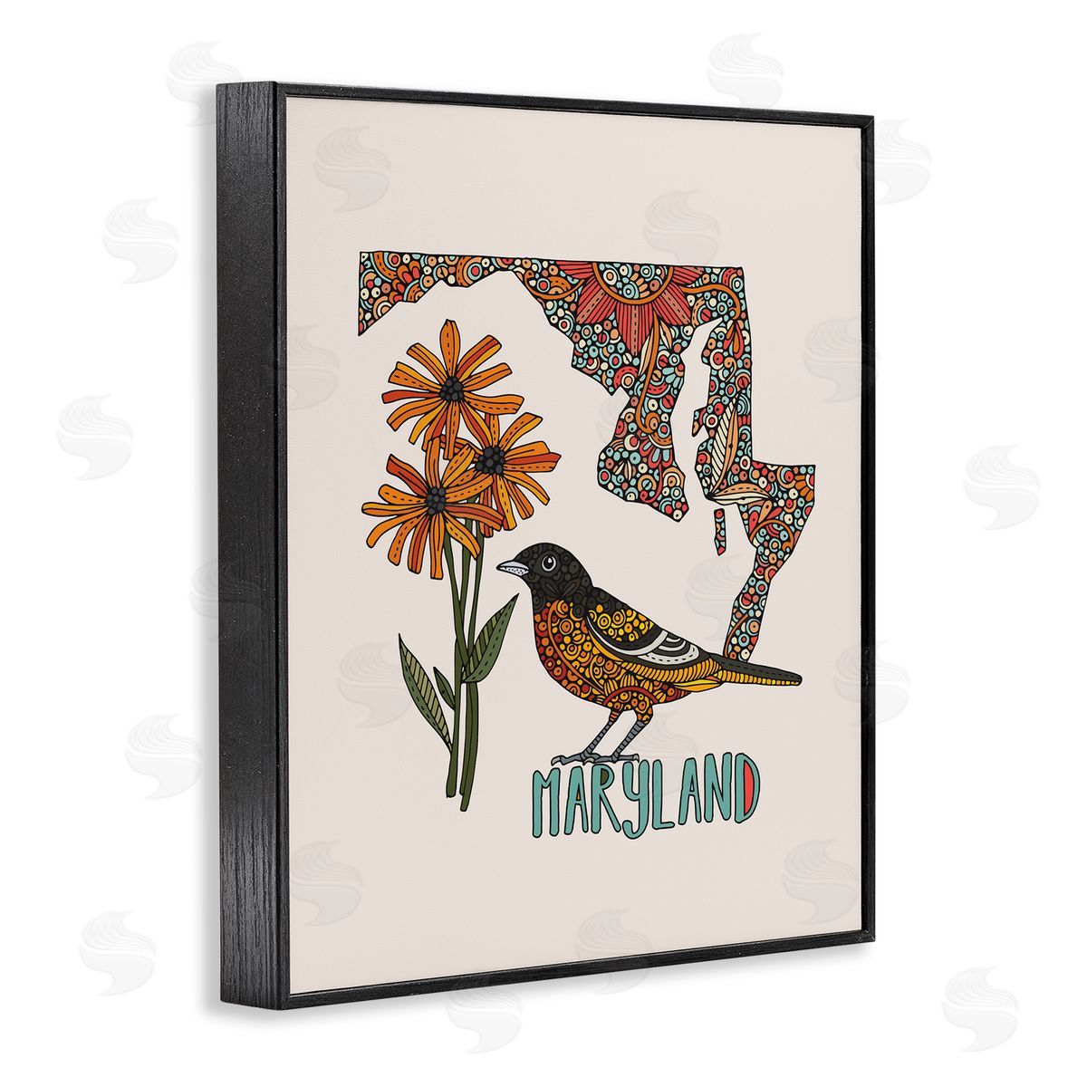 Floral Maryland State Black Frame Print Wall Art, Home Decor by Valentina Harper