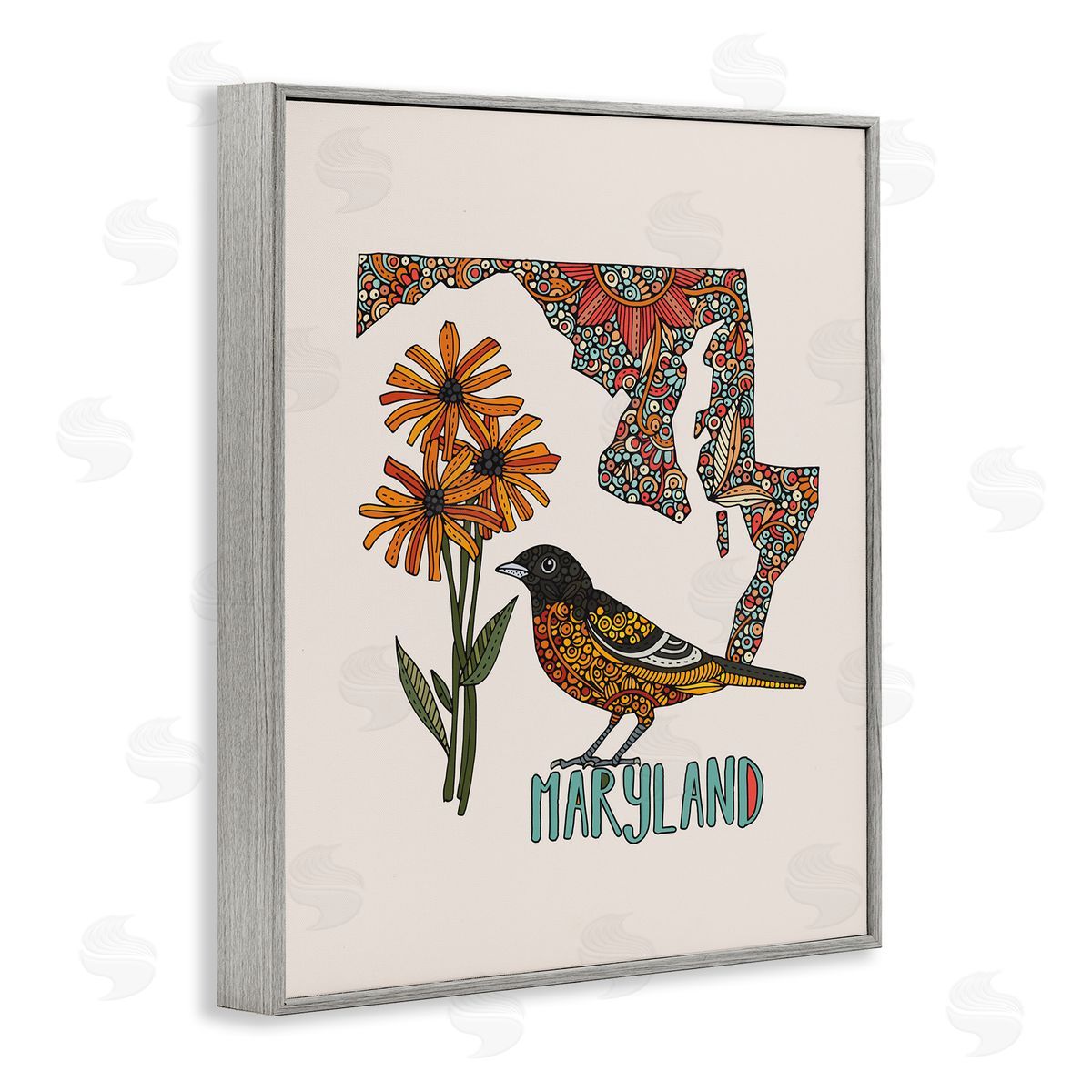 Floral Maryland State Grey Frame Print Wall Art, Home Decor by Valentina Harper