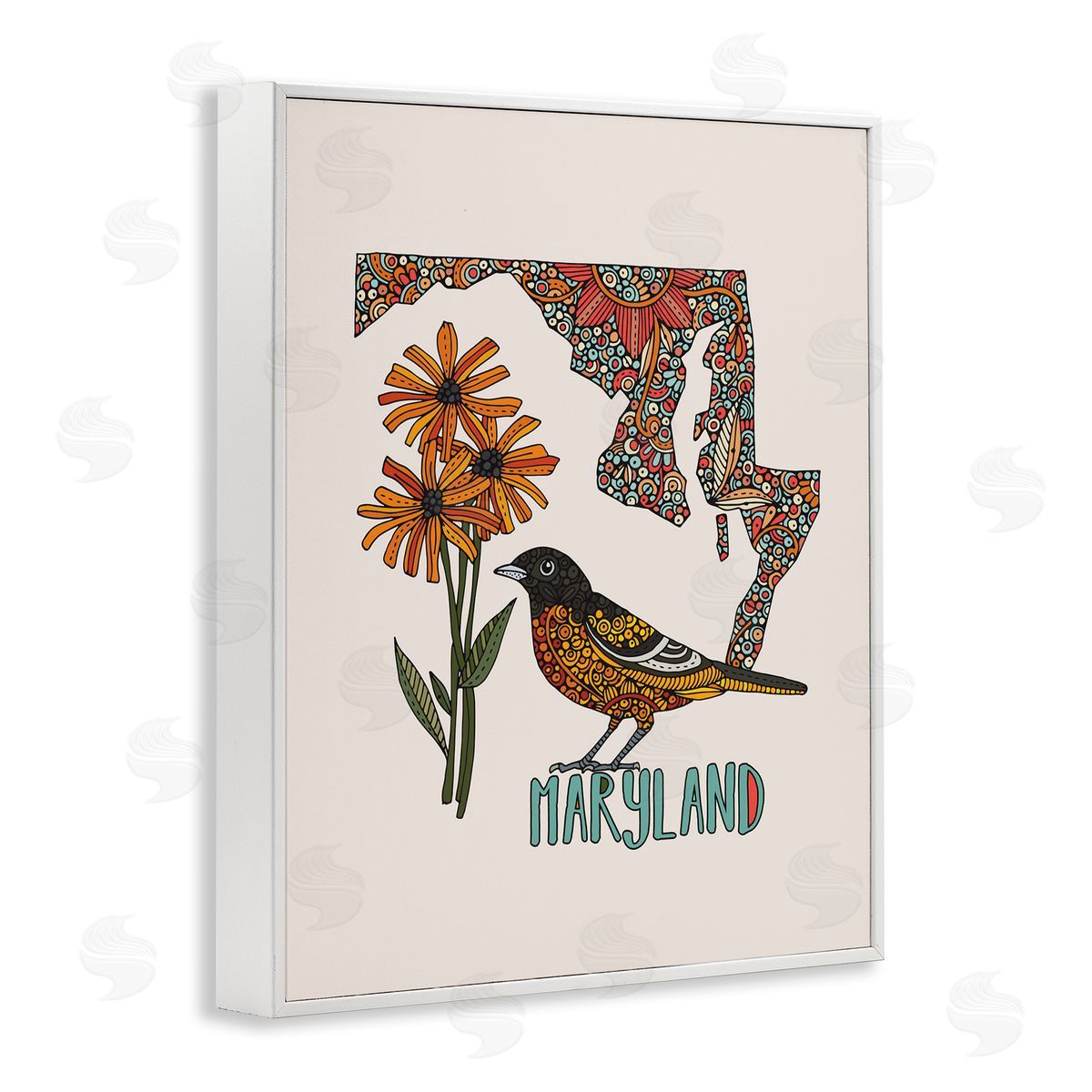 Floral Maryland State White Frame Print Wall Art, Home Decor by Valentina Harper