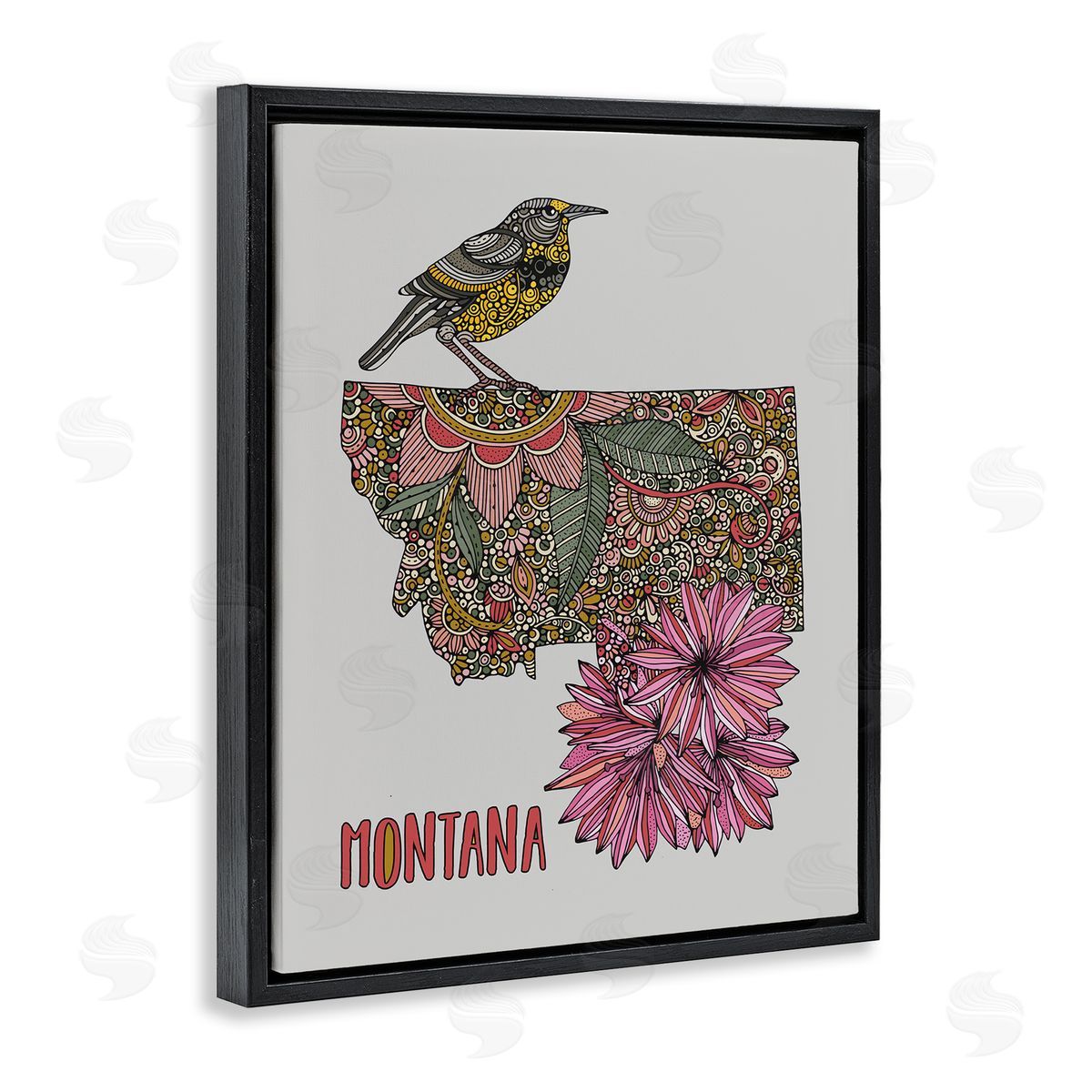 Floral Montana State Black Floating Frame Canvas Wall Art, Home Decor by Valentina Harper